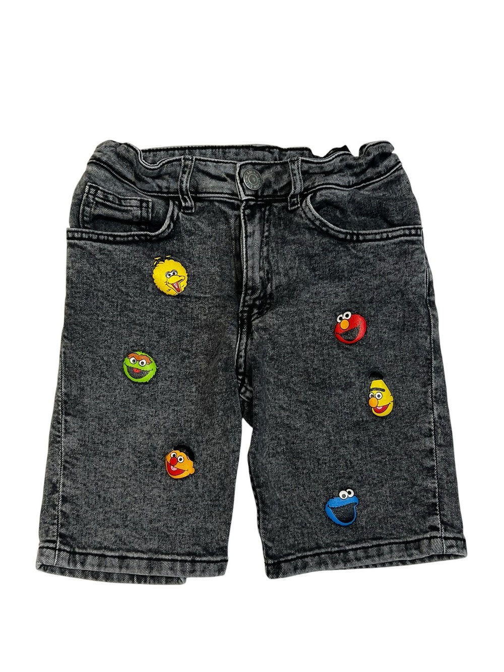 H&M Dark Grey Denim Kids 8Y Shorts with Colorful Character Sesame Street Patches